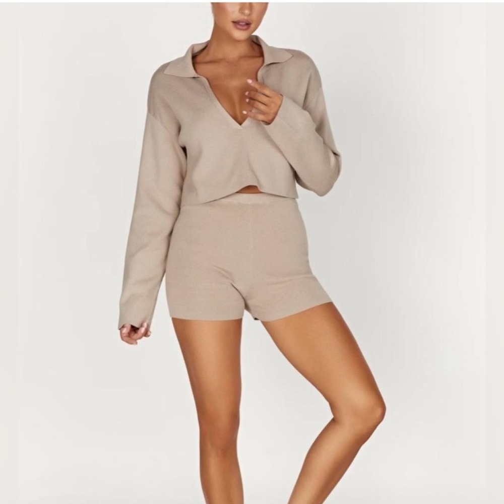 Meshki Beige Knit Collared Long Sleeve Top & High-Waist Shorts Set